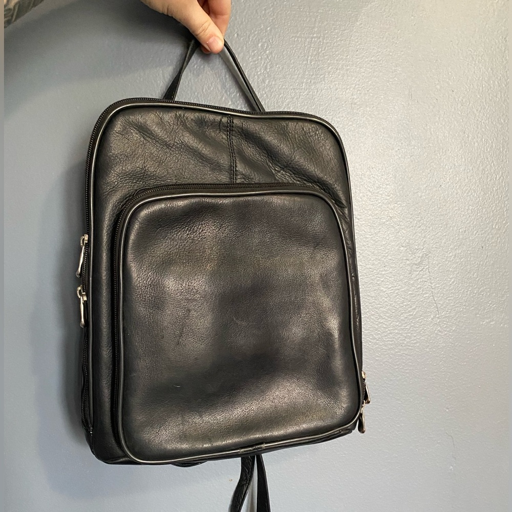 Black Leather Backpack with Silver Zippers